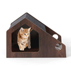 Casa De Madera Para Gatos De Interior Mueble Condominio Para Gatitos Con Comedero Techo Desmontable Y Estructura Metálica Villa Marrón