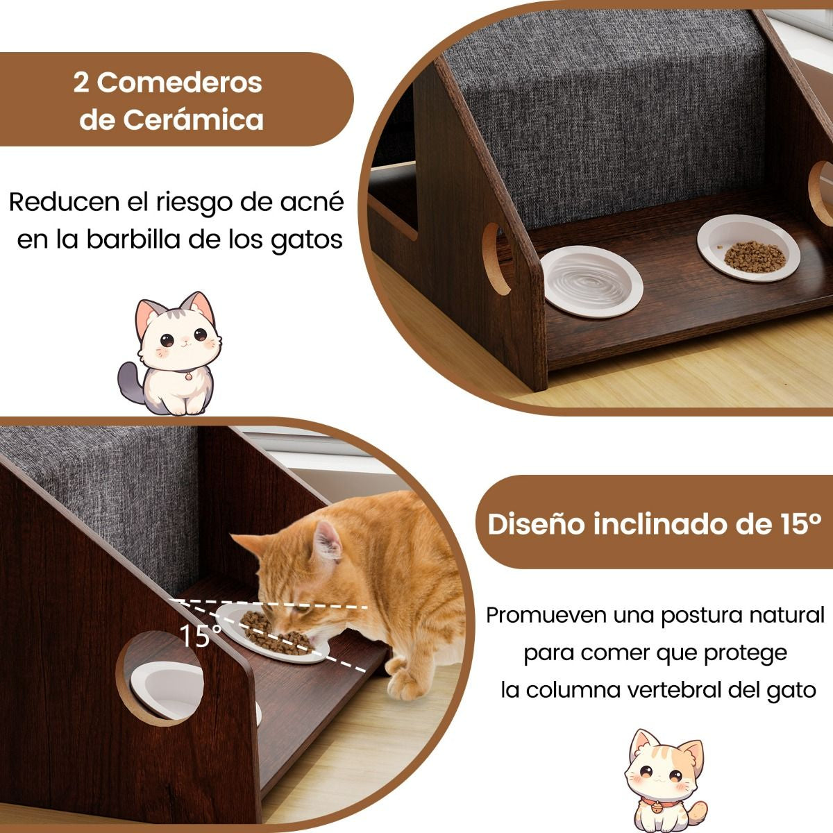 Casa De Madera Para Gatos De Interior Mueble Condominio Para Gatitos Con Comedero Techo Desmontable Y Estructura Metálica Villa Marrón