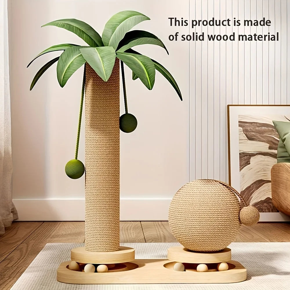 Coconut Tree Cat Scratching Post & Play Tower, 2-In-1 Sisal & Solid Wood Cat Activity Tree with Hanging Balls, Space-Saving