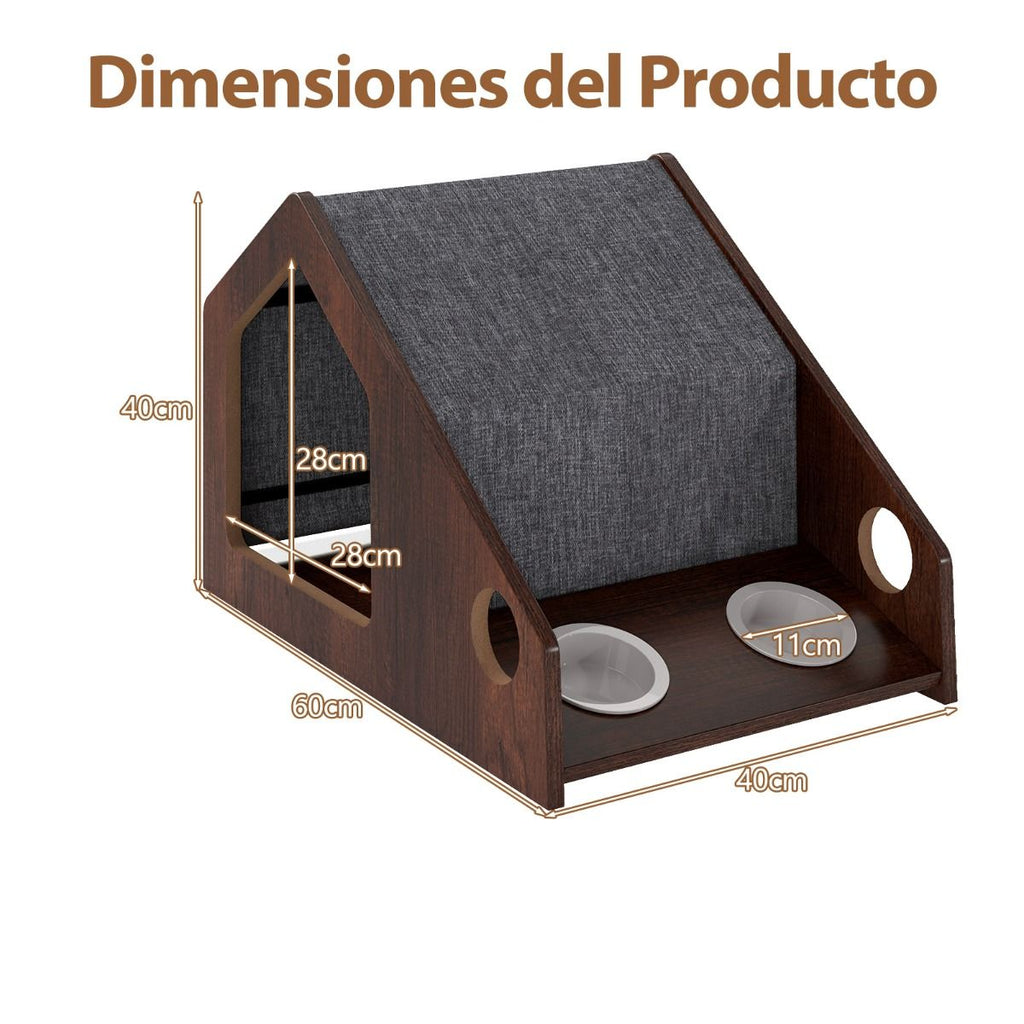 Casa De Madera Para Gatos De Interior Mueble Condominio Para Gatitos Con Comedero Techo Desmontable Y Estructura Metálica Villa Marrón