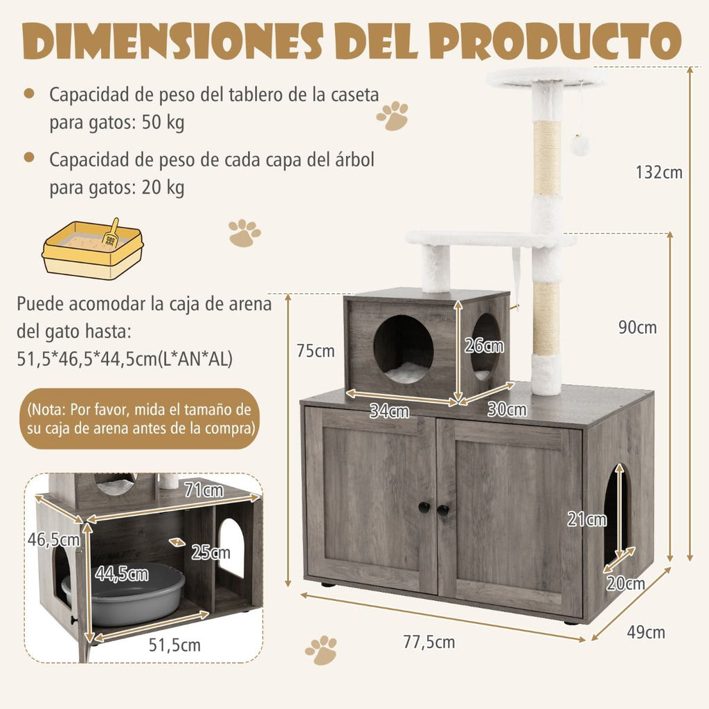 Casa Para Gatos Con Armario Para Almacenar Caja De Arena (No Inluido) Y Torre Rascadora Armario Con Escondite Y División 77,5 X 49 X 132 Cm