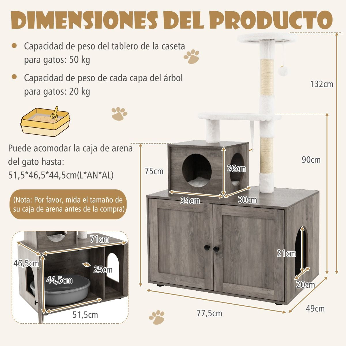 Casa Para Gatos Con Armario Para Almacenar Caja De Arena (No Inluido) Y Torre Rascadora Armario Con Escondite Y División 77,5 X 49 X 132 Cm