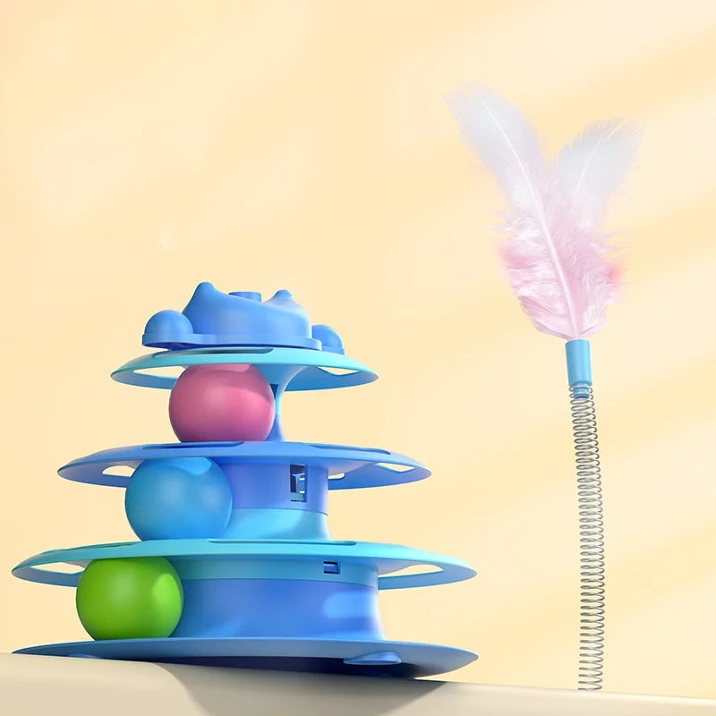 1Pcs 4-Layer Feather Cat Turntable with Fun Toy Ball and Playing Stick - Interactive Toy for Cats