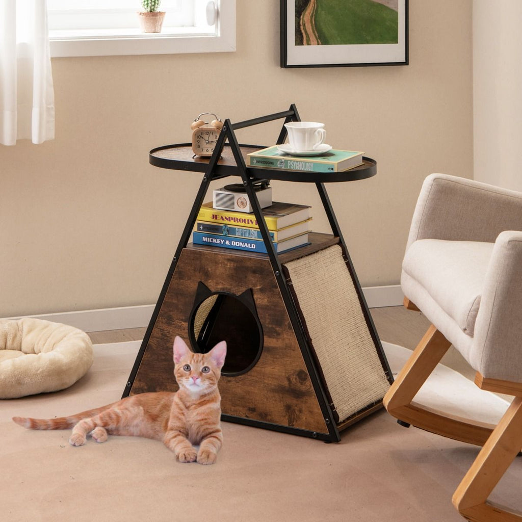 Gabinete Para Gatos Condominio Oculto Con Mesa Auxiliar Casa Para Gatos Con Estante De 2 Niveles Cueva En Forma De a Para Gatos Marrón