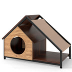 Casa De Madera Para Gatos De Interior Condominio Para Gatitos Con Porche Techo Inclinable Desmontable Y Marco Metálico Villa Marrón