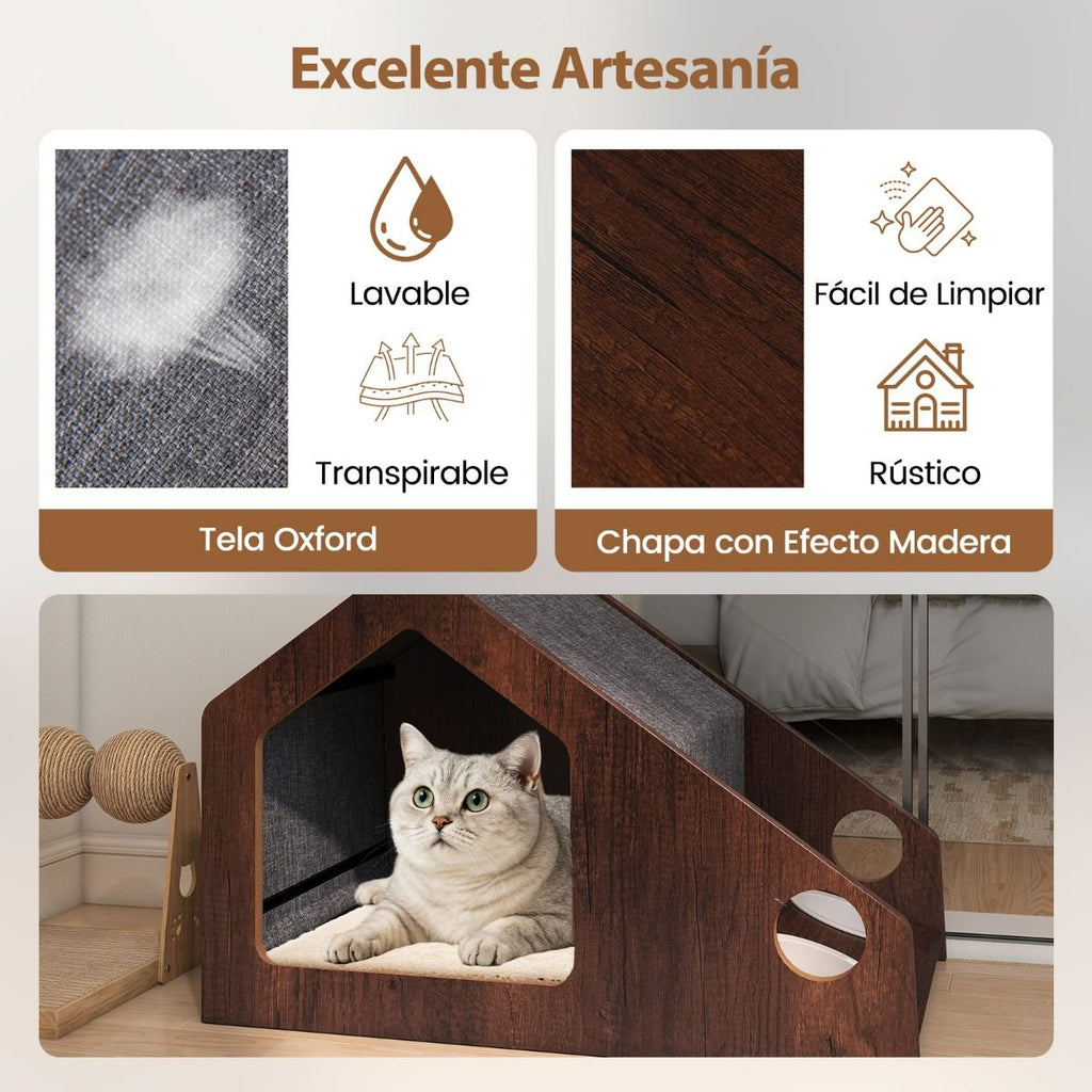 Casa De Madera Para Gatos De Interior Mueble Condominio Para Gatitos Con Comedero Techo Desmontable Y Estructura Metálica Villa Marrón
