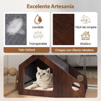 Casa De Madera Para Gatos De Interior Mueble Condominio Para Gatitos Con Comedero Techo Desmontable Y Estructura Metálica Villa Marrón