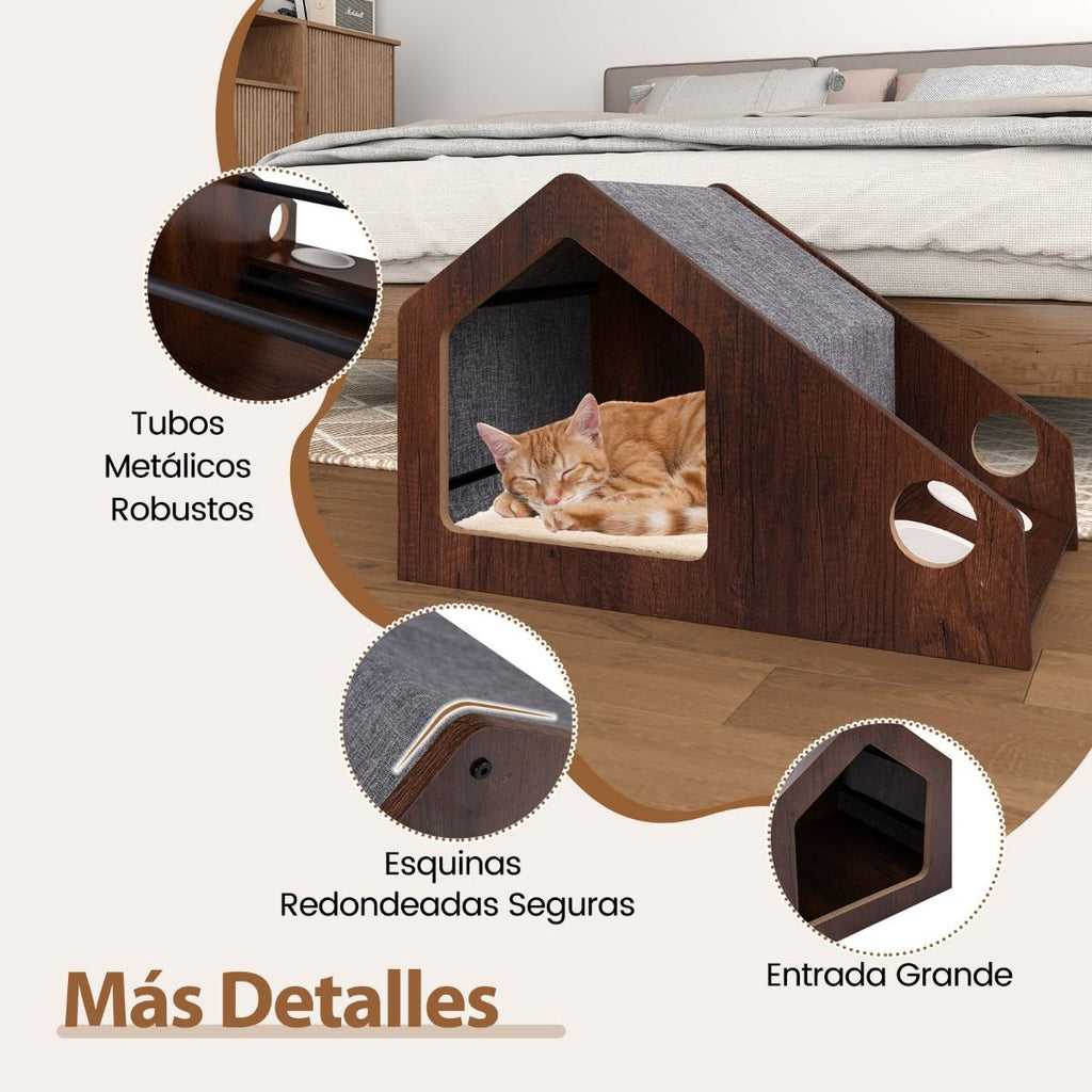 Casa De Madera Para Gatos De Interior Mueble Condominio Para Gatitos Con Comedero Techo Desmontable Y Estructura Metálica Villa Marrón