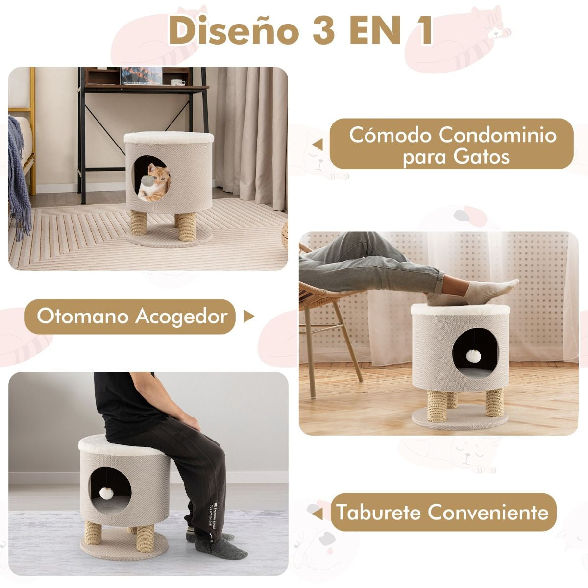 Casa Para Gatos Otomana Taburete Con Condominio Poste Rascador Y Bola De Felpa 40 X 40 X 47 Cm