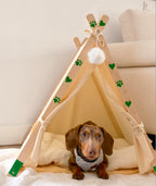 Perro pequeño Corgi dentro de la cueva tipi para mascotas en el interior de un hogar, The Paws Boutique.