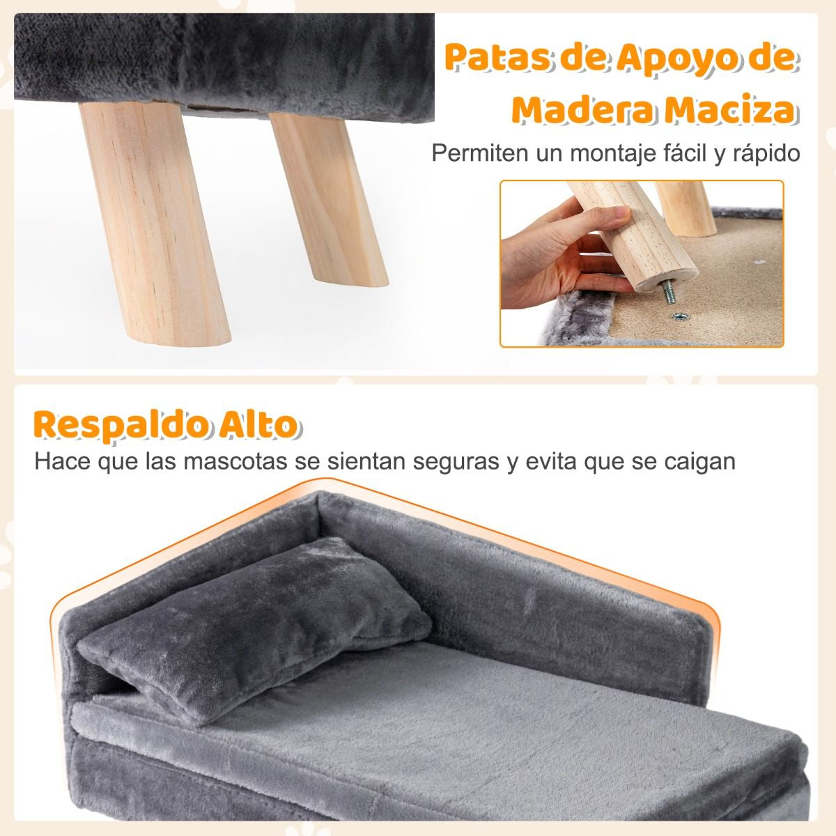 Cama Sofá Elevada Para Mascotas Con Cojín Y Almohada Removibles Patas De Madera Y Respaldo Alto 71 X 43 X 40 Cm Gris Oscuro