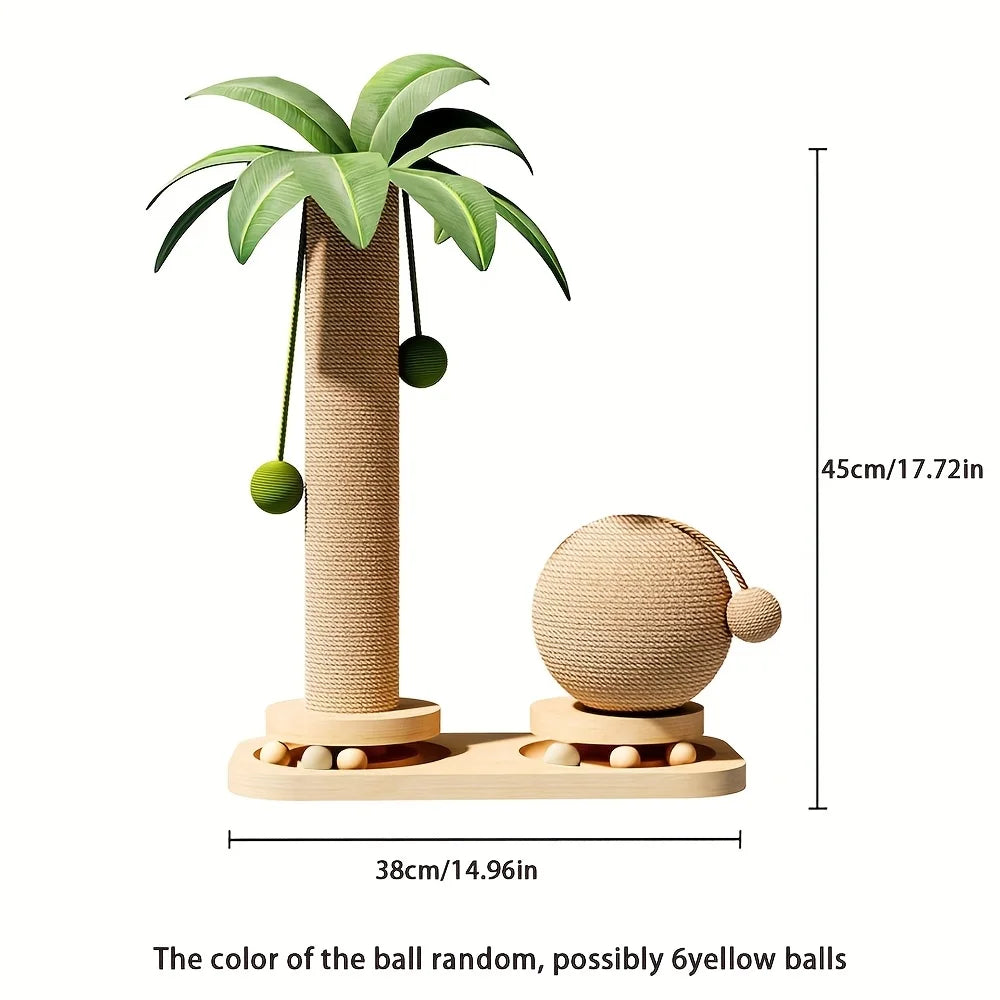 Coconut Tree Cat Scratching Post & Play Tower, 2-In-1 Sisal & Solid Wood Cat Activity Tree with Hanging Balls, Space-Saving