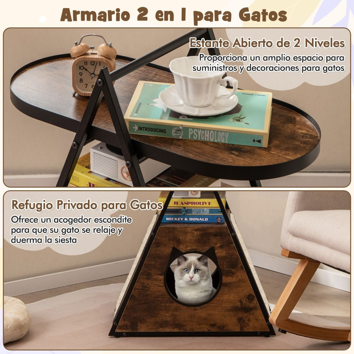 Gabinete Para Gatos Condominio Oculto Con Mesa Auxiliar Casa Para Gatos Con Estante De 2 Niveles Cueva En Forma De a Para Gatos Marrón