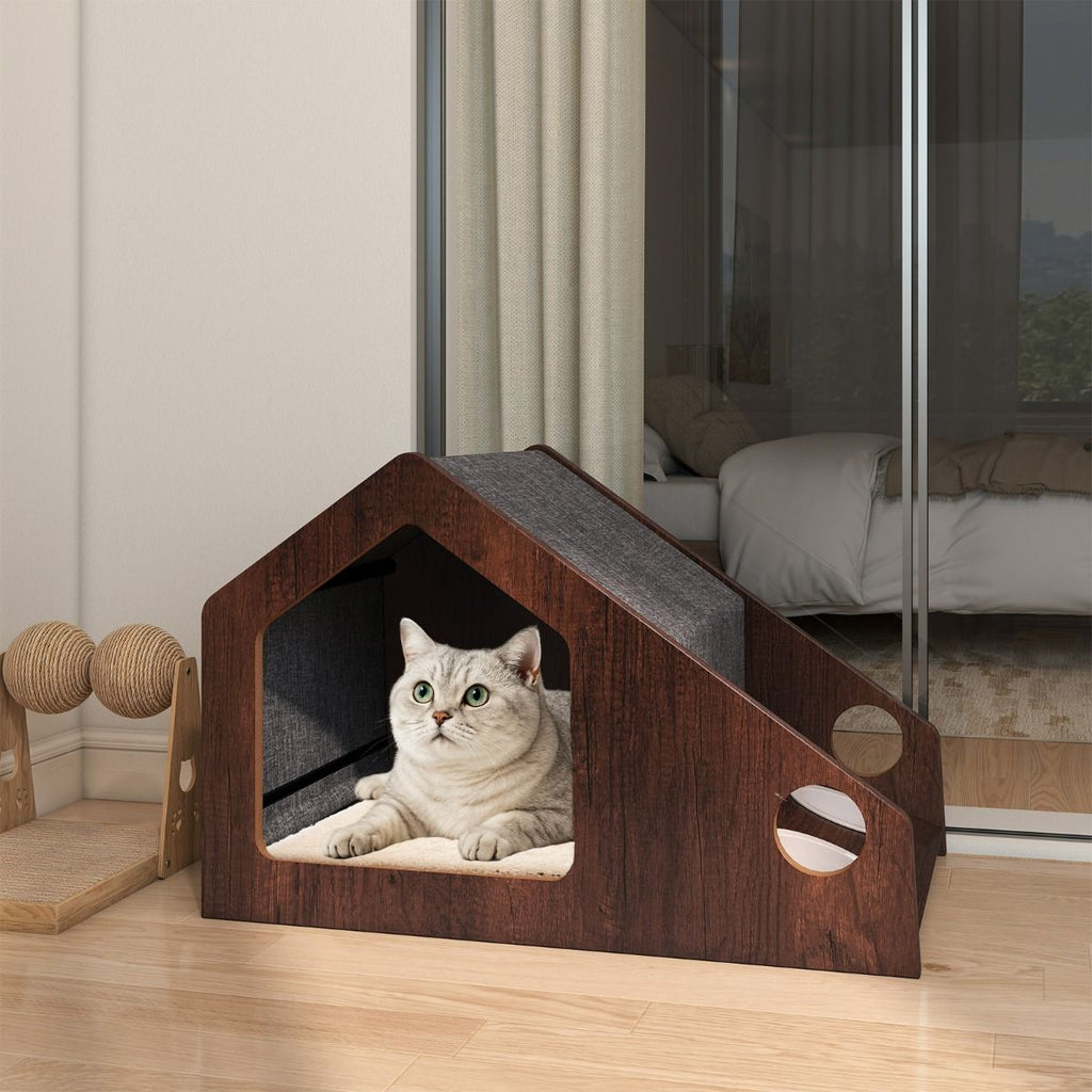 Casa De Madera Para Gatos De Interior Mueble Condominio Para Gatitos Con Comedero Techo Desmontable Y Estructura Metálica Villa Marrón