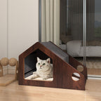 Casa De Madera Para Gatos De Interior Mueble Condominio Para Gatitos Con Comedero Techo Desmontable Y Estructura Metálica Villa Marrón