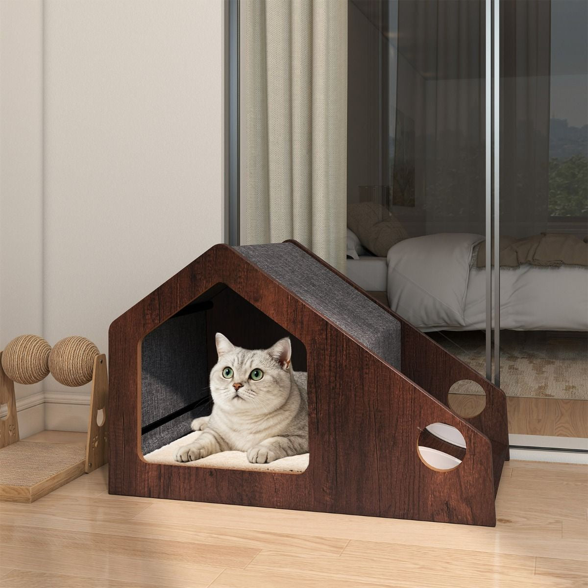 Casa De Madera Para Gatos De Interior Mueble Condominio Para Gatitos Con Comedero Techo Desmontable Y Estructura Metálica Villa Marrón