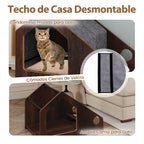 Casa De Madera Para Gatos De Interior Mueble Condominio Para Gatitos Con Comedero Techo Desmontable Y Estructura Metálica Villa Marrón