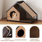 Casa De Madera Para Gatos De Interior Condominio Para Gatitos Con Porche Techo Inclinable Desmontable Y Marco Metálico Villa Marrón