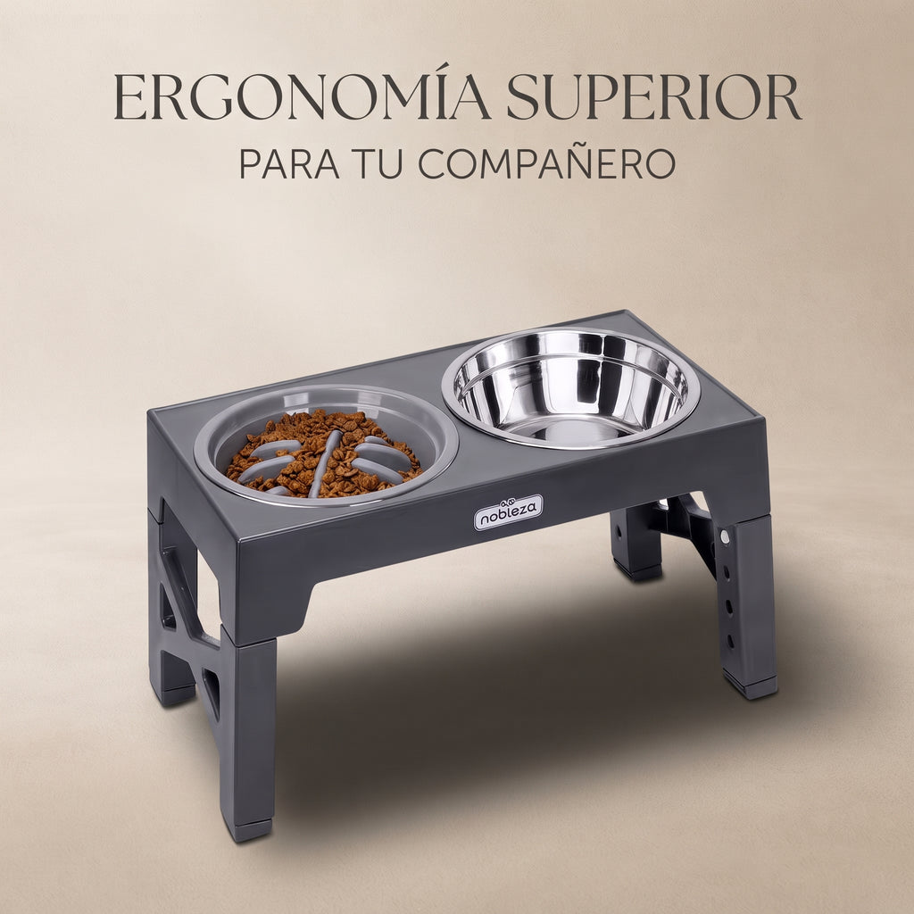 Comedero Elevado Regulable para Perros (5 Alturas) – Estación 3 en 1 con Plato Antivoracidad, Bebedero Antigoteo y Cuenco de Acero Inoxidable