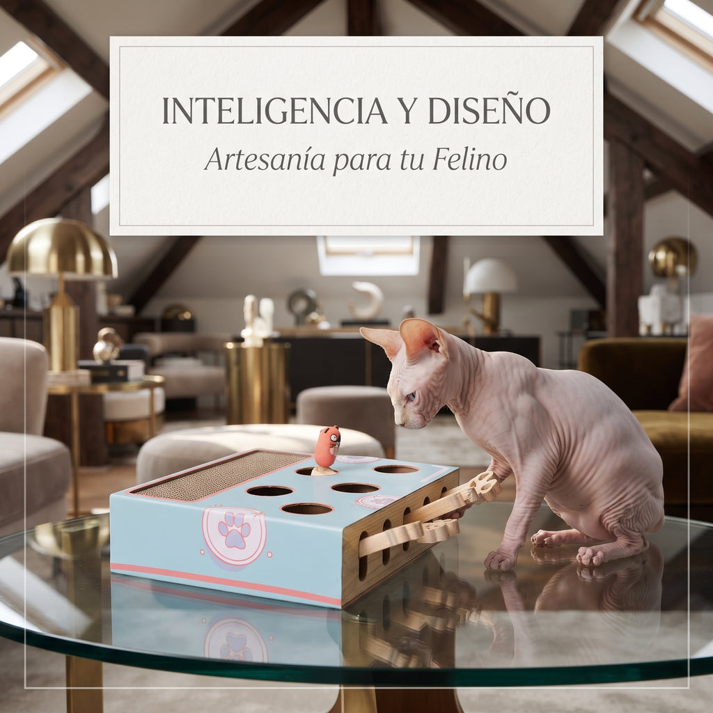 Caja Interactiva 3 en 1 para Gatos | Rascador y Juego de Caza en Madera