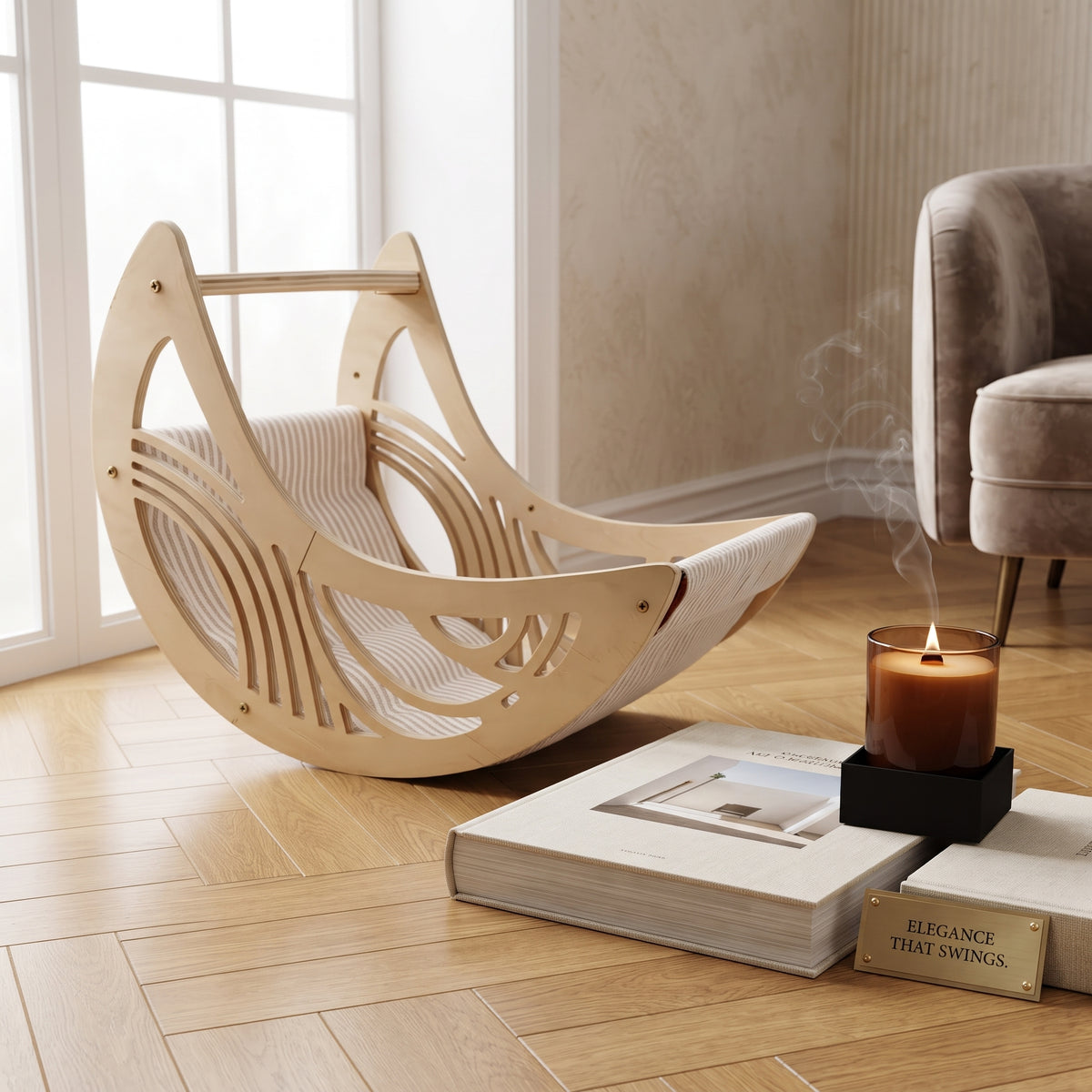 Hamaca Flotante de Pared para Gatos con Forma de Media Luna – Cama Nido Colgante de Madera y Lona Transpirable