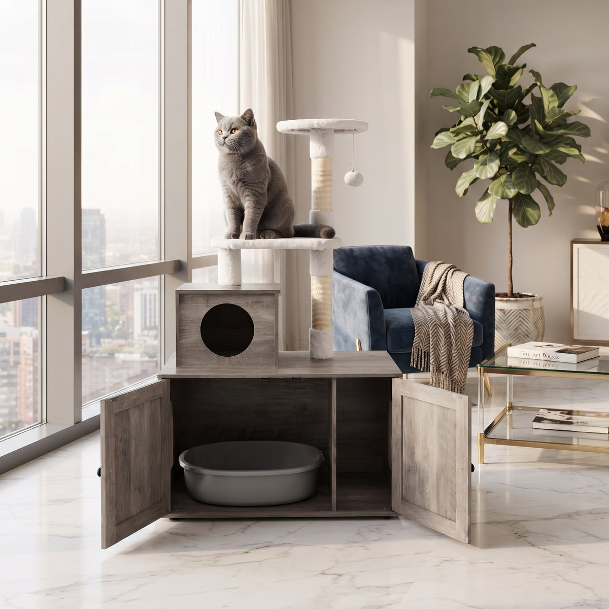 Casa Para Gatos Con Armario Para Almacenar Caja De Arena (No Inluido) Y Torre Rascadora Armario Con Escondite Y División 77,5 X 49 X 132 Cm