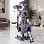 Árbol Rascador Multinivel para Gatos – Torre de Actividades con Cuevas, Hamaca, Escalera de Sisal y Miradores Acolchados