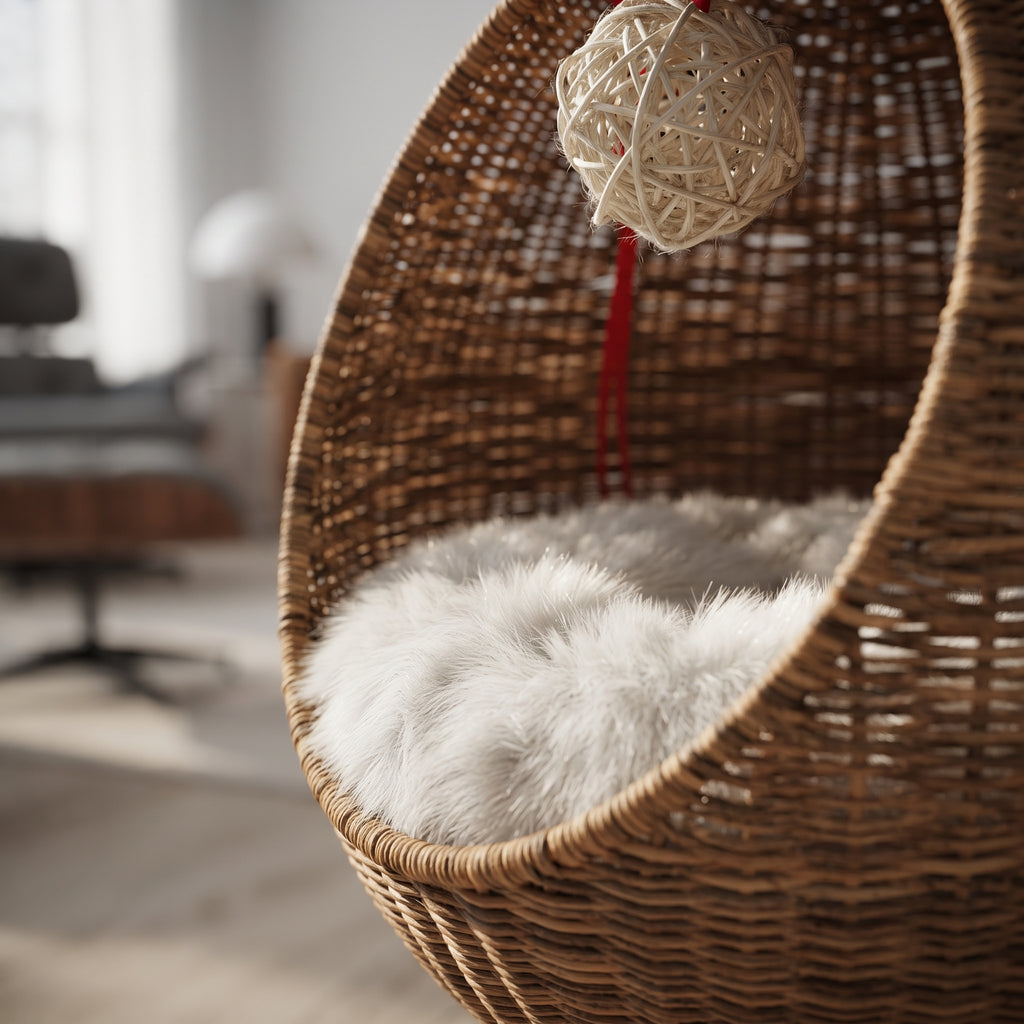 Cama Sillón Colgante de Ratán para Gatos – Cesta Balancín con Soporte Metálico y Cojín Suave