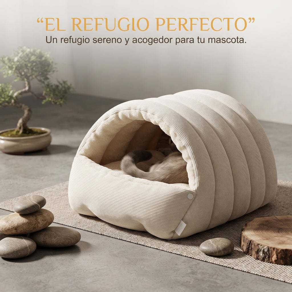 Cama Cueva Térmica de Pana para Gatos y Perros Pequeños – Nido Acolchado Antiansiedad con Cojín Extraíble y Lavable