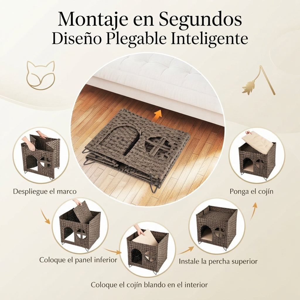 Casa de Ratán para Gatos de 2 Niveles con Cueva y Plataforma