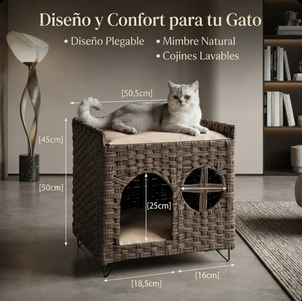 Casa de Ratán para Gatos de 2 Niveles con Cueva y Plataforma