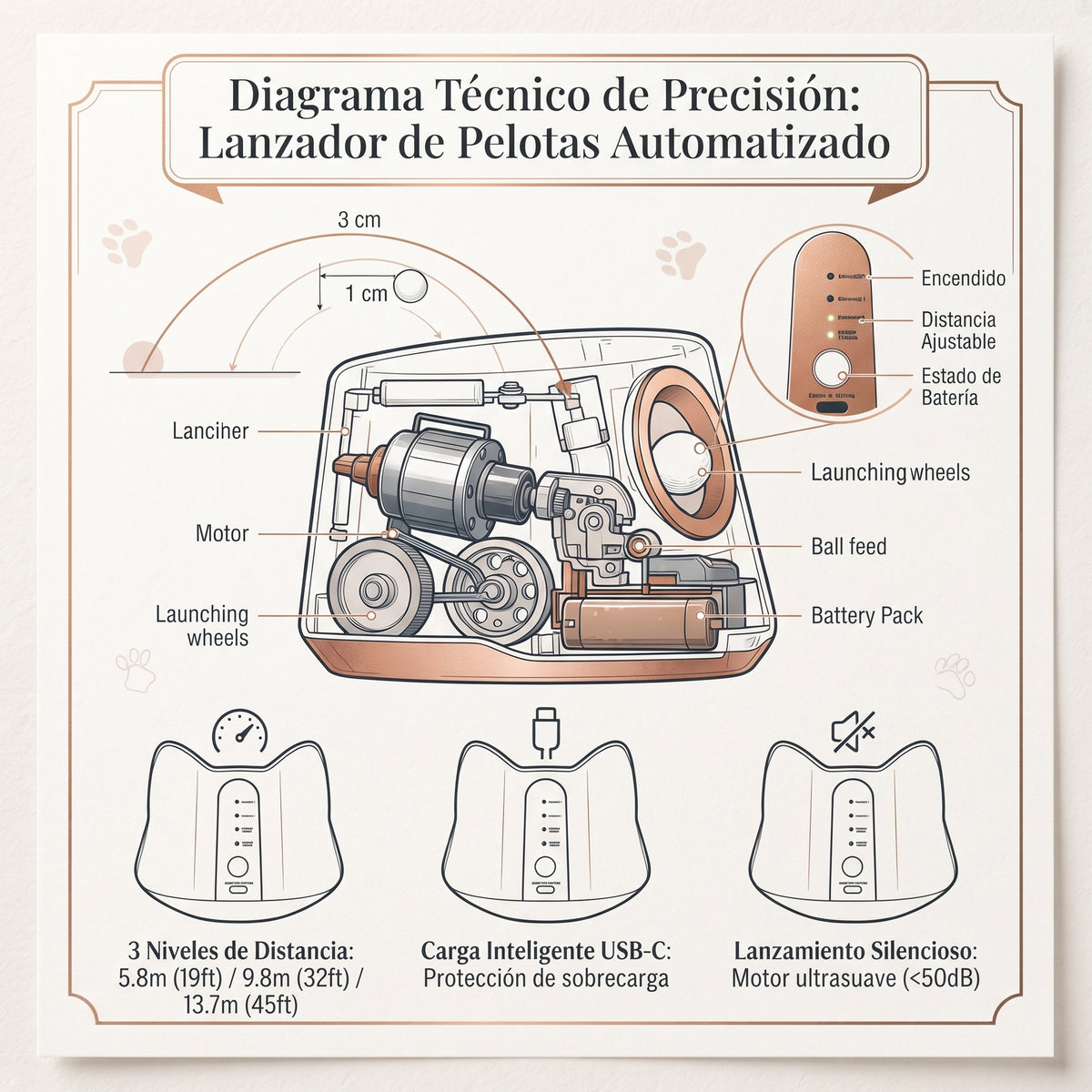Lanzador Automático de Pelotas de Tenis para Perros – 3 Distancias Ajustables y Batería Recargable