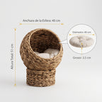 Cama Cueva Elevada de Mimbre Natural para Gatos – Nido Esférico con Cojín Mullido y Base Estable