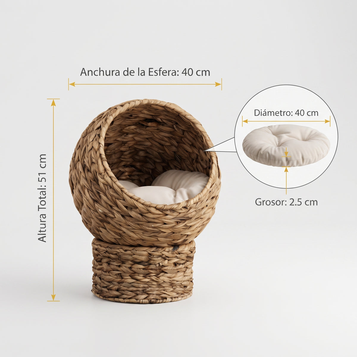 Cama Cueva Elevada de Mimbre Natural para Gatos – Nido Esférico con Cojín Mullido y Base Estable