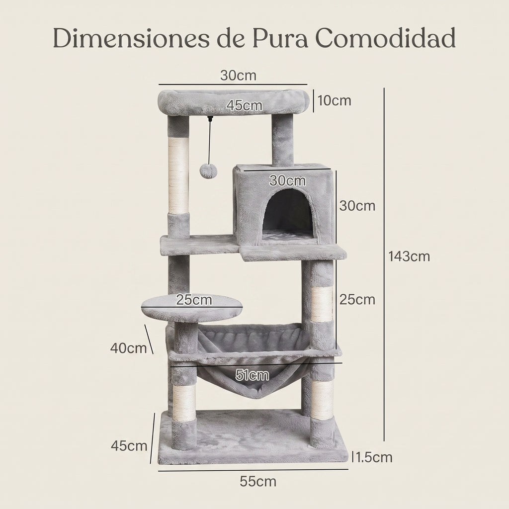 Árbol Rascador Multinivel para Gatos – Torre de Actividades con Cuevas, Hamaca, Escalera de Sisal y Miradores Acolchados