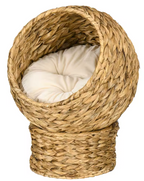 Cama Cueva Elevada de Mimbre Natural para Gatos – Nido Esférico con Cojín Mullido y Base Estable