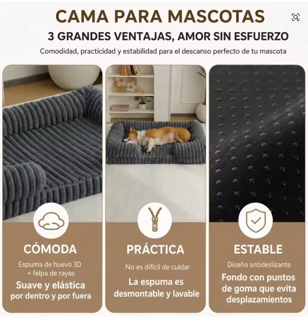 Cama Sofá Ortopédica Antiestrés para Perros y Gatos – Colchón Ergonómico de Pana Acolchada con Funda Extraíble y Lavable