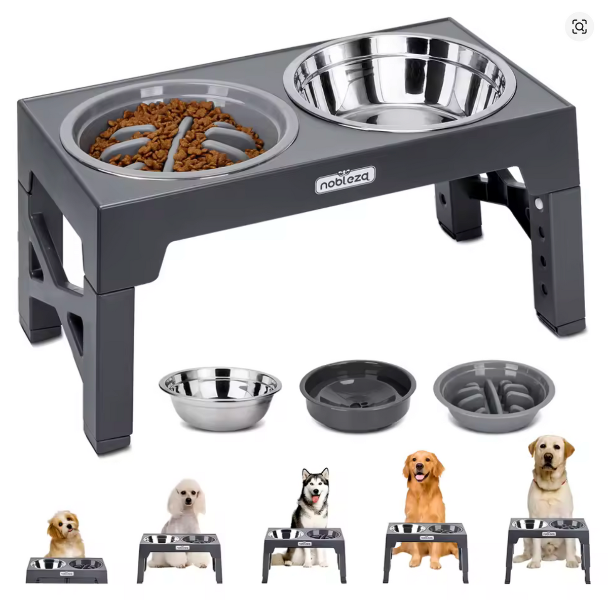 Comedero Elevado Regulable para Perros (5 Alturas) – Estación 3 en 1 con Plato Antivoracidad, Bebedero Antigoteo y Cuenco de Acero Inoxidable