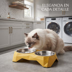 Comedero Doble Elevado para Perros y Gatos – Soporte Ergonómico Geométrico con Cuencos de Acero Inoxidable Extraíbles y Base Antideslizante