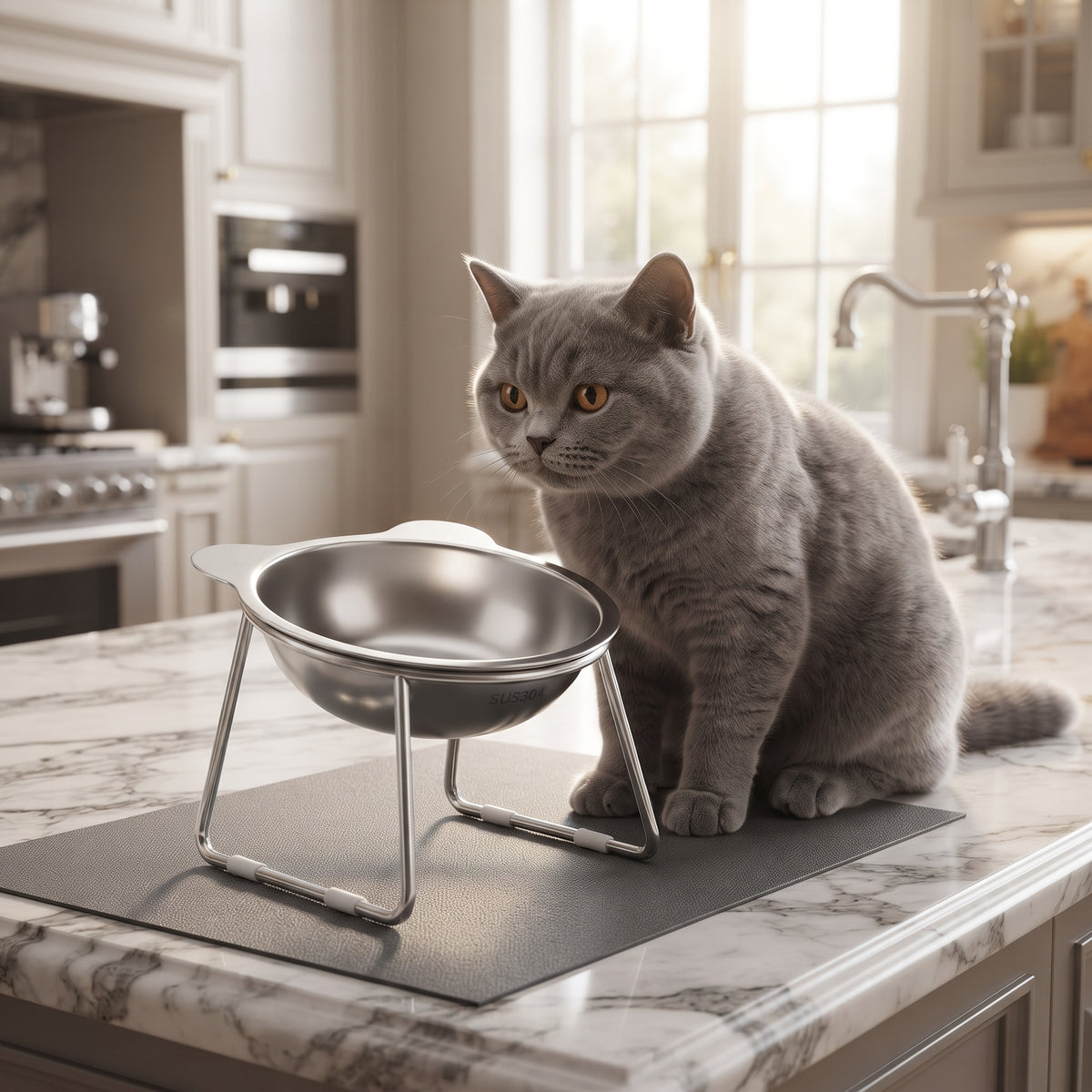 Comedero Elevado de Acero Inoxidable con Inclinación de 15° para Gatos