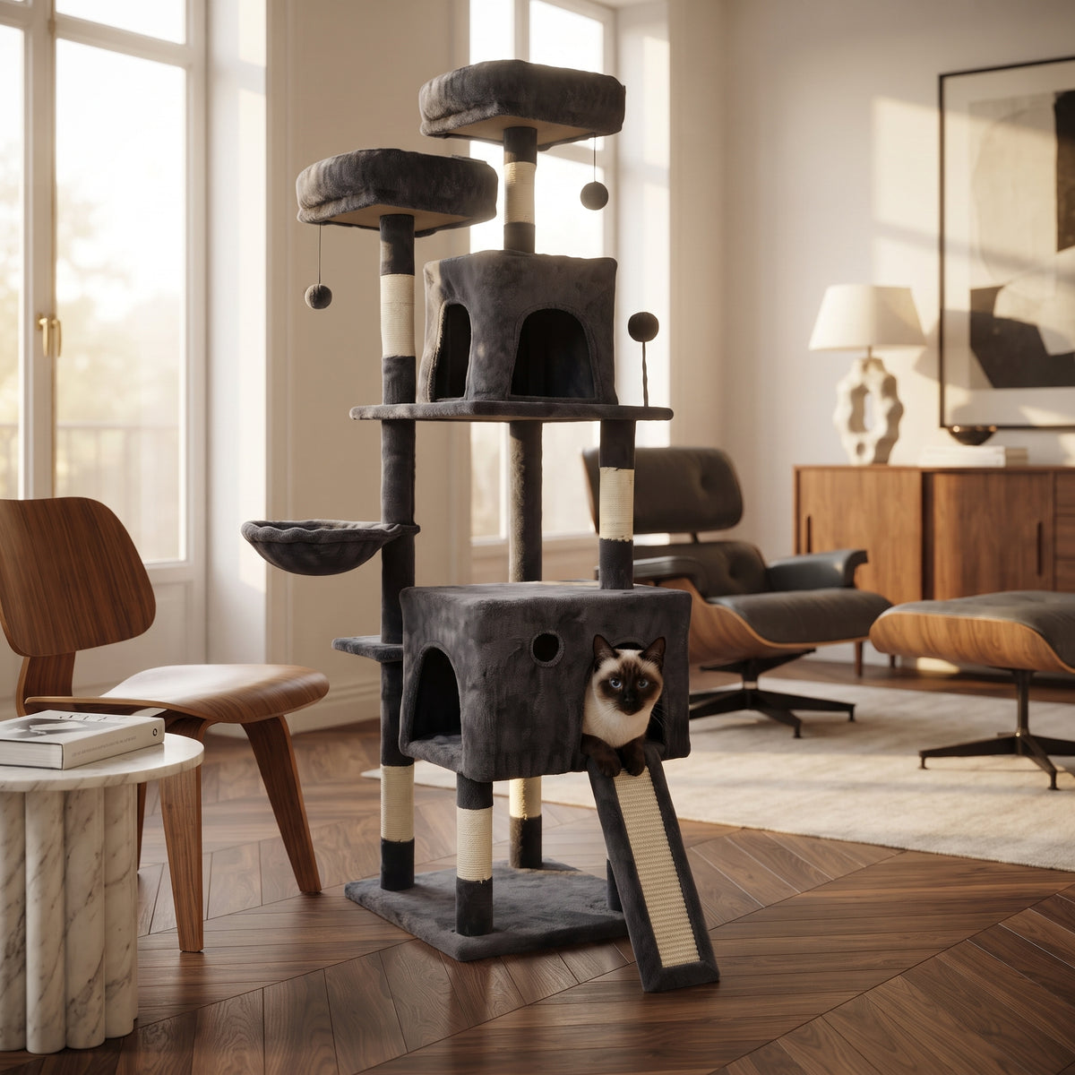 Árbol Rascador Multinivel para Gatos – Torre de Actividades con Cuevas, Hamaca, Escalera de Sisal y Miradores Acolchados