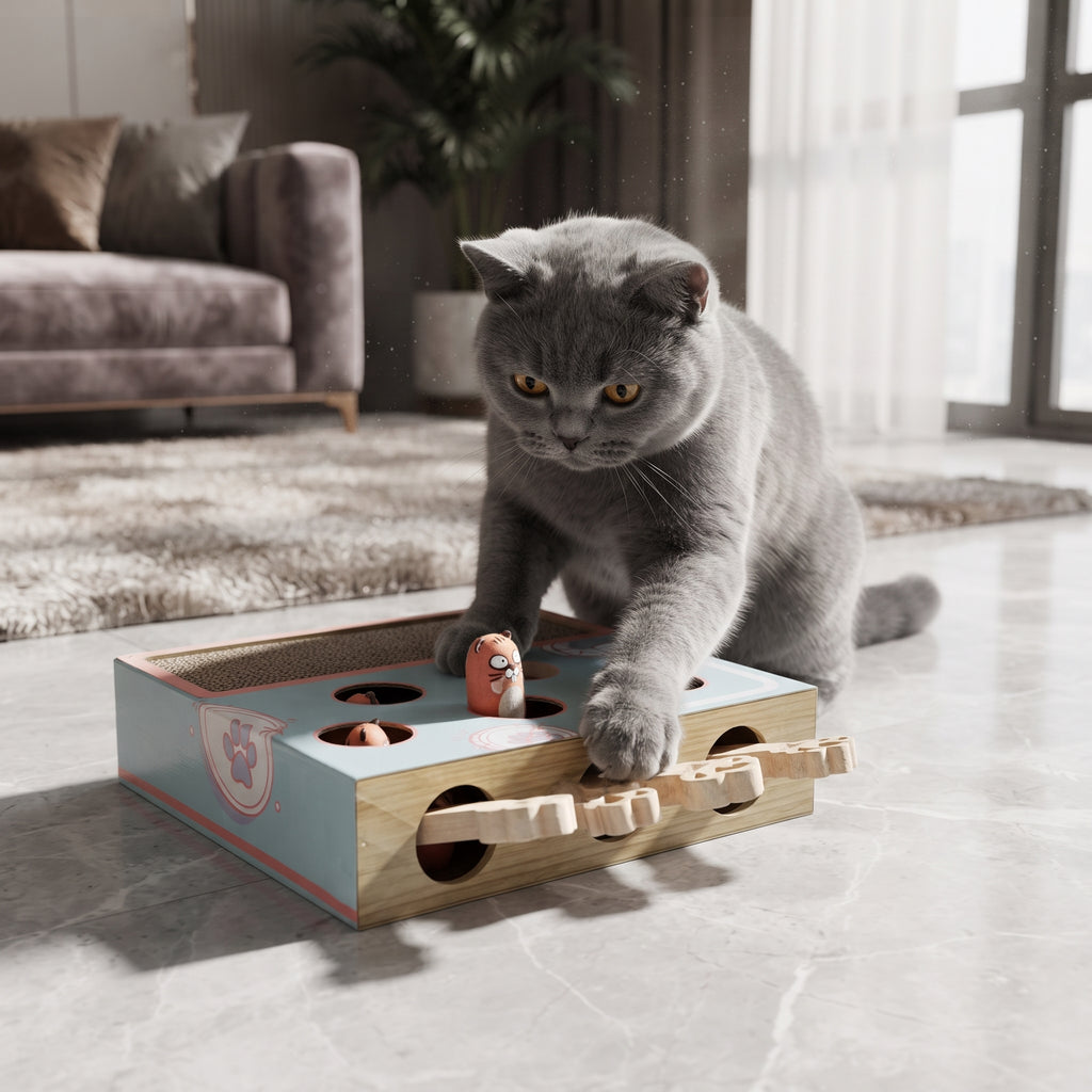 Caja Interactiva 3 en 1 para Gatos | Rascador y Juego de Caza en Madera