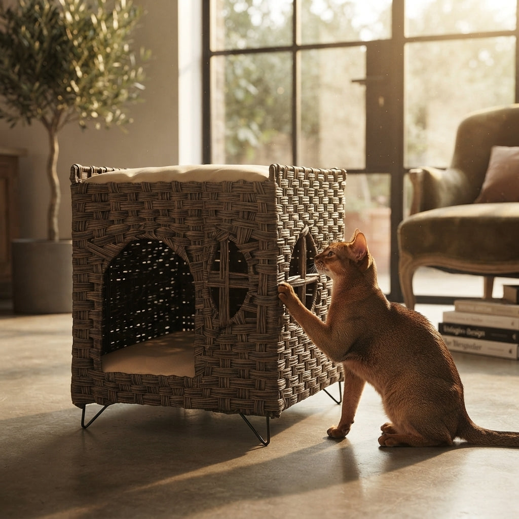 Casa de Ratán para Gatos de 2 Niveles con Cueva y Plataforma