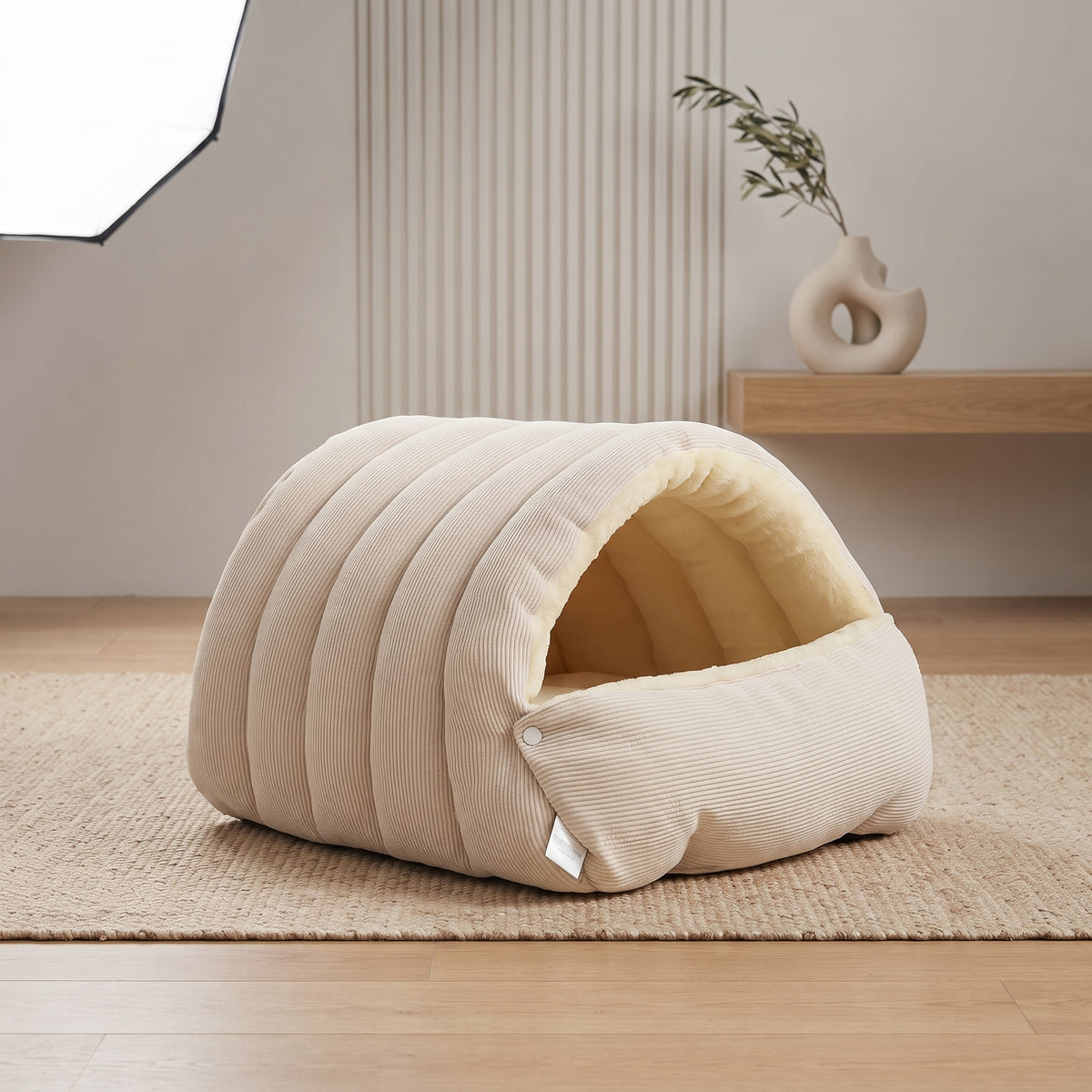 Cama Cueva Térmica de Pana para Gatos y Perros Pequeños – Nido Acolchado Antiansiedad con Cojín Extraíble y Lavable