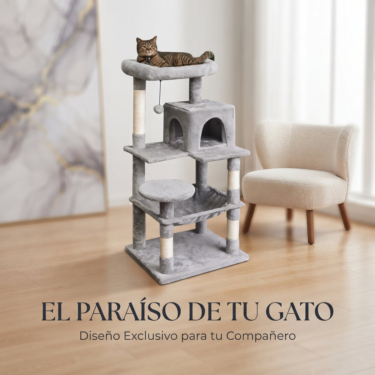 Árbol Rascador Multinivel para Gatos – Torre de Actividades con Cuevas, Hamaca, Escalera de Sisal y Miradores Acolchados