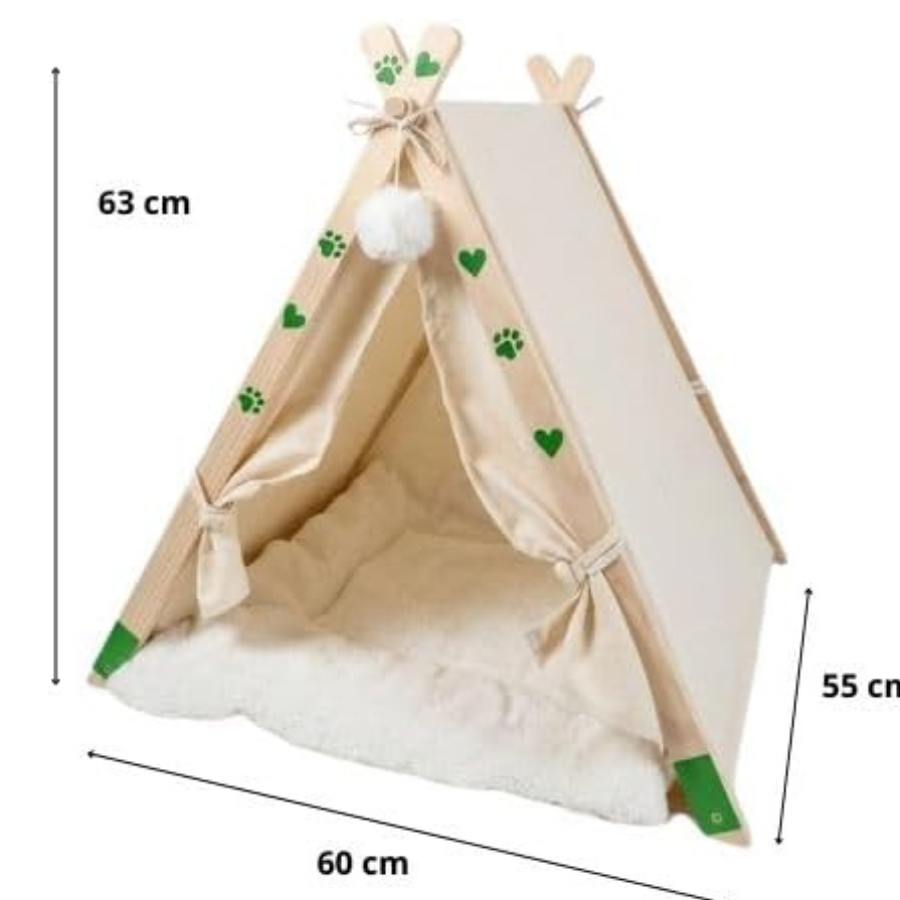 Vista lateral de la cama tipi para mascotas de lona y madera de The Paws Boutique.