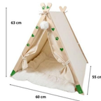Vista lateral de la cama tipi para mascotas de lona y madera de The Paws Boutique.