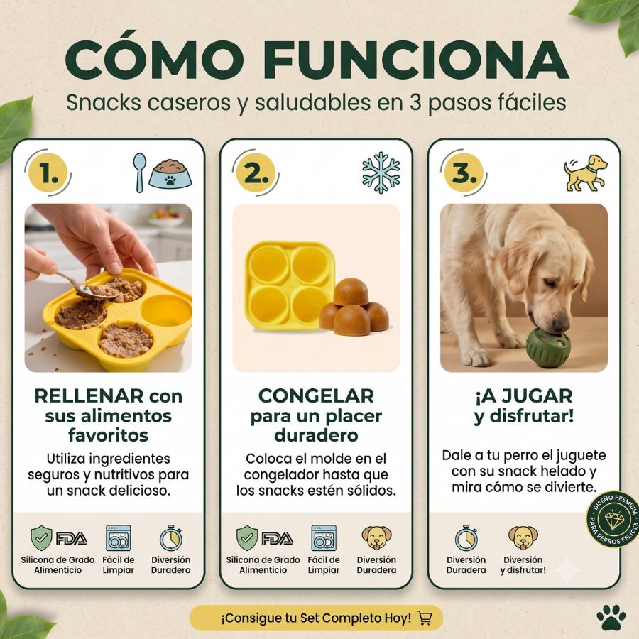 Instrucciones paso a paso para rellenar, congelar y jugar con la pelota interactiva para perros de The Paws Boutique.