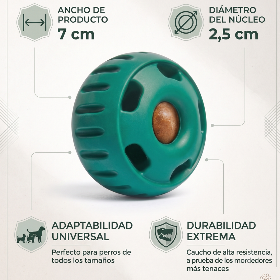 Medidas y características de durabilidad extrema de la pelota de caucho natural para perros de The Paws Boutique. Adaptable a todos los tamaños.