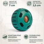 Medidas y características de durabilidad extrema de la pelota de caucho natural para perros de The Paws Boutique. Adaptable a todos los tamaños.